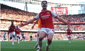  ?? Photograph: Stuart MacFarlane/Arsenal FC/Getty ?? Declan Rice, signed for £105m this summer, celebrates his first goal for Arsenal, which made it 2-1 deep into stoppage time.