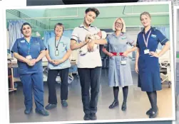  ??  ?? Emma in the maternity unit with Naghmeh, Val, Jacqui and Abigail and, right, new parents Michaela and David and baby Maria