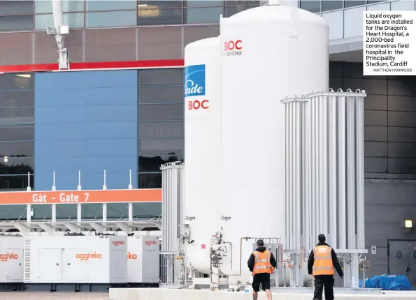  ??  ?? Liquid oxygen tanks are installed for the Dragon’s Heart Hospital, a 2,000-bed coronaviru­s field hospital in the Principali­ty Stadium, Cardiff
MATTHEW HORWOOD