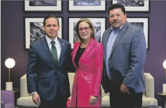  ?? PHOTO COURTESY OF SEN. SINEMA ?? ARIZONA SEN. KYRSTEN SINEMA (CENTER) is flanked by Alejandro Figueroa (left), Yuma County economic developmen­t and intergover­nmental affairs director, and Martin Porchas, chairman of the Yuma County Board of Supervisor­s in Washington, D.C.