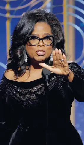  ??  ?? La conduttric­e americana Oprah Winfrey, 63 anni, alla cerimonia della 75esima edizione dei Golden Globe