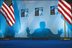  ?? DOUG MILLS / NEW YORK TIMES FILE (2018) ?? Then-president Donald Trump speaks July 12, 2018, at a NATO summit in Brussels. He and his advisers say that NATO and other alliances no longer represent U.S. interests.