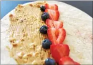  ??  ?? An alternativ­e to a BP&amp;J sandwich on white bread is replacing the bread with a healthy whole grain wrap then also filling it with fruit like berries. Whole grain items have lots of fiber. Sunflower seed butter can be used instead of peanut butter if there is an allergy.