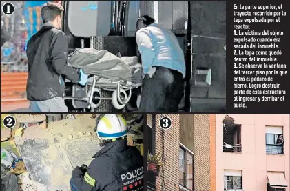  ??  ?? En la parte superior, el trayecto recorrido por la tapa expulsada por el reactor.
1. La víctima del objeto expulsado cuando era sacada del inmueble. 2. La tapa como quedó dentro del inmueble. 3. Se observa la ventana del tercer piso por la que entró el pedazo de hierro. Logró destruir parte de esta estructura al ingresar y derribar el suelo.