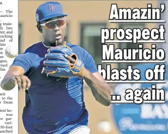  ?? Corey Sipkin ?? POWERING UP: Ronny Mauricio, who went 1-for-2 with a two-run homer, warms up before the Mets’ 12-7 exhibition loss to the Cardinals on Monday.