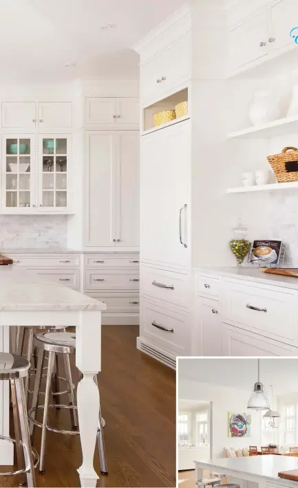  ??  ?? Custom painted, solid wood cabinets define a brightly engaging kitchen décor where Carrera marble countertop­s and cohesive millwork whitens a winning style. Hosting a side butler’s pantry to extend already generous capacities, details steal the show...