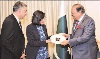  ?? ISLAMABAD
-APP ?? Prof. Jane Dacre of Royal College of Physicians, UK presenting a memento to President Mamnoon Hussain at the Aiwan-e-Sadr.