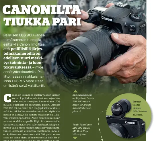  ??  ?? Kun suorakatse­lu on käytössä, Canon EOS 90D:ssä on peräti 5000 automaatti­tarkennusp­istettä. Toisin kuin Canon EOS 90D ei EOS M6 Mark II ole sääsuojatt­u. Kameraan voi ostaa sähköisen Evf-dc2-etsimen 290 eurolla.