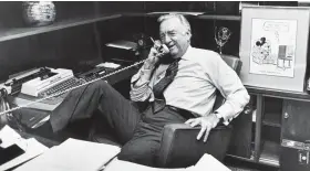  ?? AP FILE ?? Walter Cronkite talks on the phone in his New York City office before his final newscast as CBS anchorman on March 6, 1981.