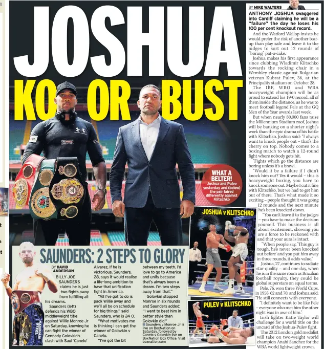  ??  ?? WHAT A BELTER! Joshua and Pulev yesterday and (below) the pair faired differentl­y against Klitschko