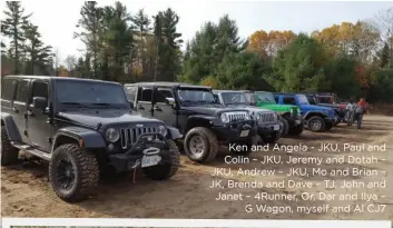  ??  ?? Ken and Angela - JKU, Paul and Colin – JKU, Jeremy and Dotah – JKU, Andrew – JKU, Mo and Brian – JK, Brenda and Dave – TJ, John and Janet – 4Runner, Or, Dar and Ilya – G Wagon, myself and Al CJ7