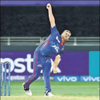  ?? BCCI/IPL ?? Delhi Capitals pacer Anrich Nortje was named Player of the Match for his figures of 4-0-12-2 against Sunrisers Hyderabad in Dubai on Wednesday.