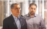  ?? JON AUSTRIA/JOURNAL ?? U.S. Secretary of Health and Human Services Xavier Becerra, left, speaks to the media Thursday at Gateway at Gibson Health Hub in Albuquerqu­e, as Jeremy Jaramillo, executive director of outpatient services and utilizatio­n review at Haven Behavioral Hospital, looks on.