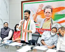  ?? — DEEPAK DESHPANDE ?? TPCC president A. Revanth Reddy addresses the digital membership drive of the Congress at Gandhi Bhavan on Sunday.