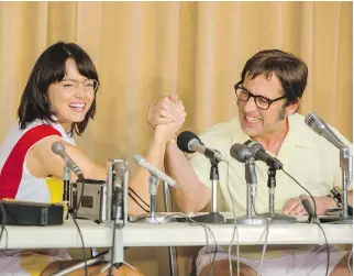  ?? FOX SEARCHLIGH­T PICTURES ?? Emma Stone, left, and Steve Carell sometimes play for laughs in Battle of the Sexes, but the movie has a serious message for audiences.