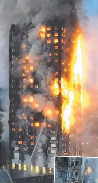  ?? Picture: AFP/NATALIE OXFORD ?? Fire rips through Grenfell Tower and, right, the burnt-out building.