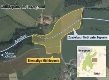  ?? KARTE: DAVID WEINERT/MAPS4NEWS ?? Die Karte zeigt den Bereich der ehemaligen Müllhalde oberhalb von Weingarten in der Nähe des Zundelbach­er Hofes.