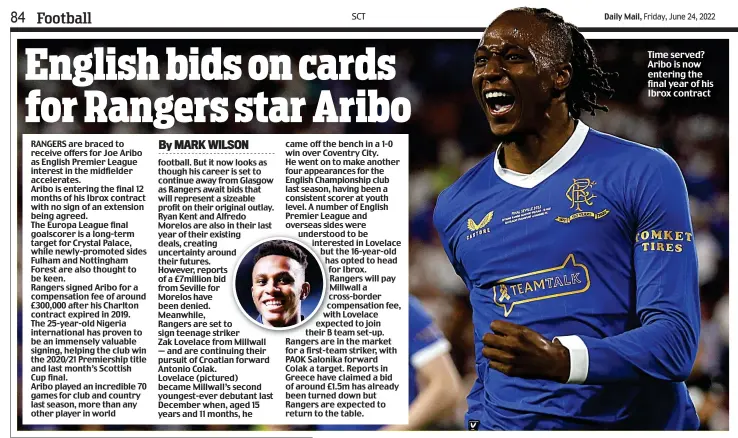  ?? ?? Time served? Aribo is now entering the final year of his Ibrox contract