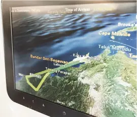  ?? NADZRI HARIF NYT ?? On an in-flight screen, a map of a recent flight-to-nowhere trip on Royal Brunei Airlines.