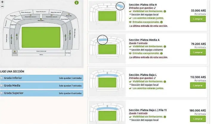  ??  ?? La locura de la reventa. El sitio viagogo.com de ayer, con los precios de las localidade­s ofrecidas. El mecanismo es habitual ante cada megaevento, pero los valores son altísimos.