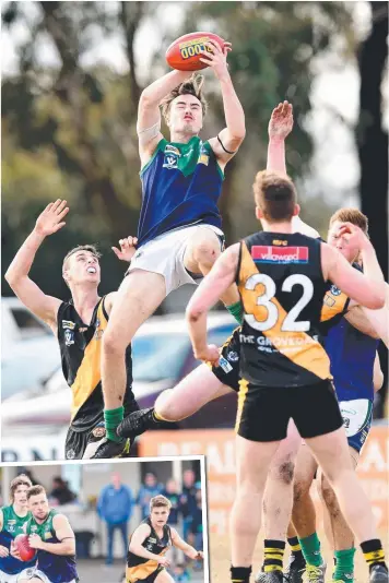  ?? Picture: DAVID SMITH ?? HIGH POINT: St Mary’s Trent McMullan takes a hanger; and (inset) Jarryd Garner running riot.