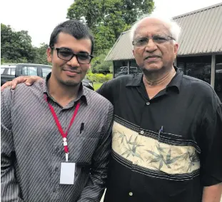  ??  ?? Professor Satendra Nandan (right) with Fiji Sun journalist Sheldon Chanel at the launch of the Internatio­na Civil Society Week on December 4, 2017.