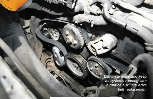  ??  ?? Eliminate noise and keep all systems running with a routine auxiliary drive belt replacemen­t
