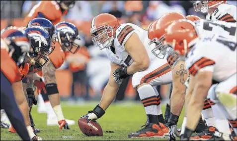  ?? DOUG PENSINGER / GETTY IMAGES ?? Former Browns center Alex Mack was the biggest free-agent signing by the Falcons this offseason. The team could look to add a guard to its offensive line with one of its five picks in April’s draft.