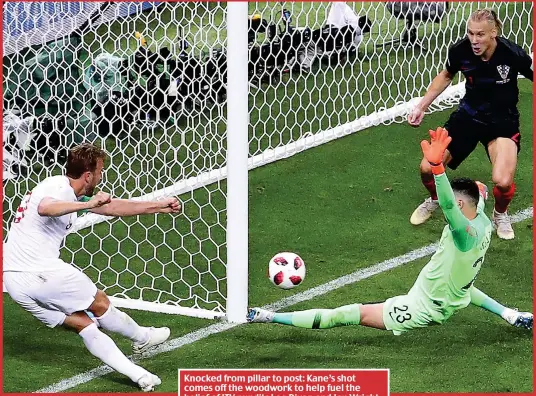  ??  ?? Knocked from pillar to post: Kane’s shot comes off the woodwork to help fuel the belief of ITV pundits Lee Dixon and Ian Wright (below, right and second from right) that England were on their way to the final, but Wright was rebuked by Roy Keane (far left)