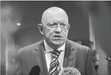  ?? SPENCER PLATT GETTY IMAGES ?? Russia’s UN ambassador Vassily Nebenzia speaks after the U.K. announced the latest findings behind the suspected Russian poisoning.
