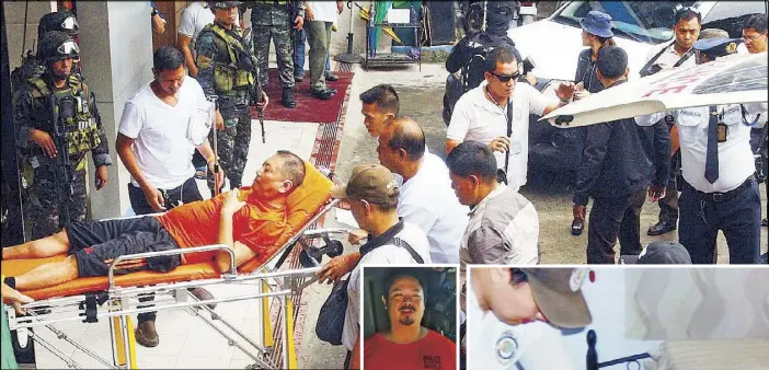  ?? BER NAR DO BATUI GAS ?? Wounded inmate Vicente Sy arrives under heavy guard at the Medical Center Muntinlupa following a fight at the New Bilibid Prison in Muntinlupa City yesterday. Convicted drug lord Jaybee Sebastian (inset) was among those wounded in the riot, which left one inmate dead. Lower right photo shows an investigat­or examining an ice pick found in the cell of slain inmate Tony Co.