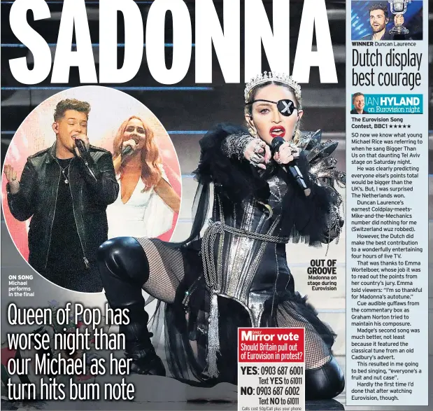  ??  ?? ON SONG OUT OF GROOVE Madonna on stage during Eurovision WINNER The Eurovision Song Contest, BBC1