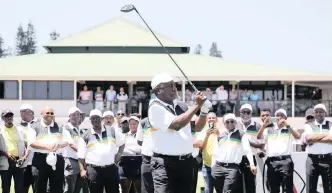  ?? MOTSHWARI MOFOKENG African News Agency (ANA) ?? PRESIDENT Cyril Ramaphosa follows his shot during the ANC Golf Day at the Mount Edgecombe Country Club on Friday, in the build-up to the party’s manifesto launch at the Moses Mabhida Stadium in Durban yesterday. |