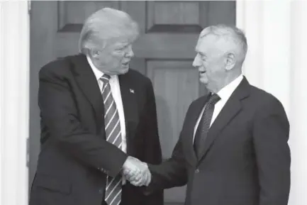  ??  ?? President-elect Donald Trump, left, shakes hands with retired Marine Corps Gen. James Mattis last month. Trump said Thursday he will nominate Mattis as defense secretary. Carolyn Kaster, The Associated Press