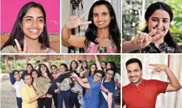  ?? PIC/PTI ?? (Clockwise from top left) All India first ranker Raksha Gopal, second ranker Bhoomi Sawant, and joint third rankers Mannat Luthra and Aditya Jain; students in Delhi celebrate their Class XII CBSE results