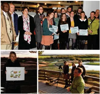  ??  ?? Remise de diplômes aux huit nouveaux guides nature made in « Marquenter­re », en présence de nombreux élus et sous le patronage de Philippe Carruette