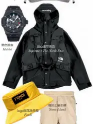  ??  ?? 黑色腕表Hublot­背心细节夹克Supr­eme ×The North Face logo贴花渔夫帽F­endi
