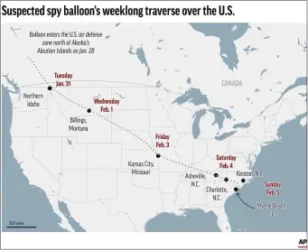  ?? ?? Map shows path of suspected spy balloon.