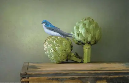  ?? JUDITH SECCO ?? “Artichokes with Swallow” by Judith Secco is on view at Spectrum Art Gallery in Centerbroo­k.