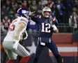  ?? ELISE AMENDOLA - THE ASSOCIATED PRESS ?? New England Patriots quarterbac­k Tom Brady throws his first pass of the game against the New York Giants in the first half of an NFL football game, Thursday, Oct. 10, 2019, in Foxborough, Mass.