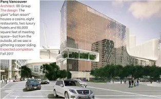  ??  ?? Parq Vancouver Architect: IBI Group
The design: The giant “urban resort” houses a casino, eight restaurant­s, two luxury hotels and 60,000 square feet of meeting space—but from the outside, all we see is glittering copper siding. Expected completion:...