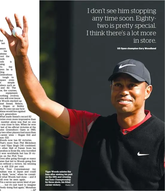  ?? Photo / AP ?? Tiger Woods salutes the fans after sinking his putt on the 18th and winning the Zozo Championsh­ip by three shots, his 82nd career victory.