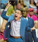  ?? SEAN D. ELLIOT/THE DAY ?? Connecticu­t Sun head coach Curt Miller, right, argues a call with official Cheryl Flores, not pictured, during the first half of Sunday’s WNBA game against the Las Vegas Aces at Mohegan Sun Arena.