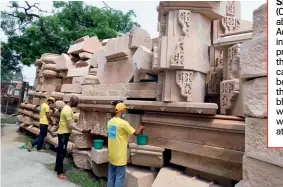  ?? Photograph­s by NAVNEET ?? SET IN STONE (Clockwise from above) CM Adityanath inspects the preparatio­ns for the shilanyas; the carved stones being cleaned at the Ram Janmabhoom­i Nyas workshop; workers tidy up at Ram ki Paidi