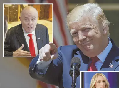  ?? AP PHOTO, AP FILE PHOTO, TOP INSET; ABC PHOTO, RIGHT, VIA AP ?? CHANGING HIS TUNE: After Rudy Giuliani, top, revealed it on TV, President Trump admitted yesterday paying $130,000 back to attorney Michael Cohen after Cohen paid porn star Stormy Daniels, right, in 2016.