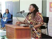  ?? ?? UNDER PRESSURE: Makhanda teacher Tabisa Booi addresses the audience at the Eastern Cape launch of the Right to Read campaign.