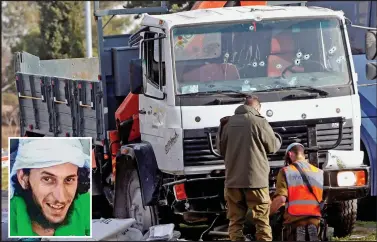  ??  ?? Aftermath: Troops died under a truck driven by Palestinia­n father-of-four Fadi Qunbar, inset left