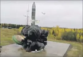  ?? Russian Defense Ministry ?? AN INTERCONTI­NENTAL ballistic missile lifts off in Russia. A unit equipped with the Avangard hypersonic glide vehicle has entered combat duty, Russia says.