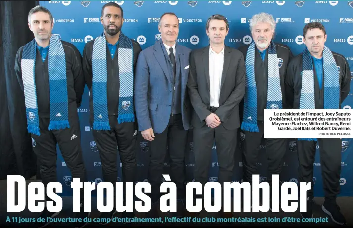  ?? PHOTO BEN PELOSSE ?? Le président de l’Impact, Joey Saputo (troisième), est entouré des entraîneur­s Mayence Flachez, Wilfred Nancy, Remi Garde, Joël Bats et Robert Duverne.