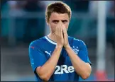  ??  ?? A distraught Jordan Rossiter reacts at full-time after Rangers’ embarrassi­ng exit from the Europa League in Luxembourg